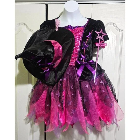 Sparkle Light-Up Witch Costume Girls 4-6 Hat Wand Pretty Pink Purple Sparkly - Picture 2 of 8